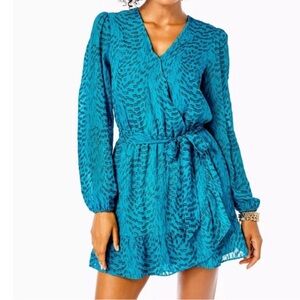 Lilly Pulitzer Alfie Silk Metallic Teal Bay Mini Dress Romper Long Sleeve Small